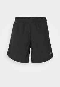 Black athletic shorts made from lightweight fabric with an elastic waistband, featuring a subtle logo on one leg and a streamlined design.