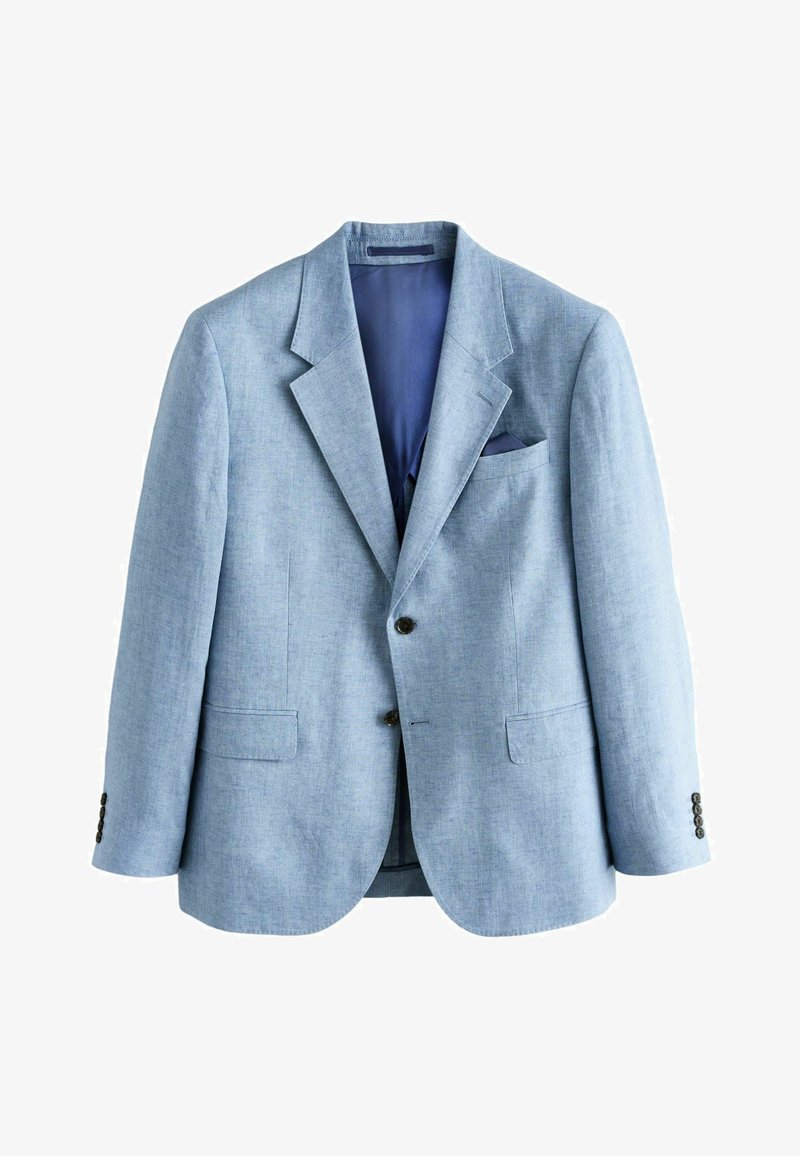 Blazer pour homme bleu clair avec revers crantés, deux boutons à l'avant, poches à rabat, doublure intérieure bleu marine et pochette assortie.
