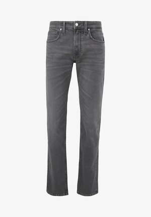 Graue Jeans aus Denim mit geradem Bein, fünf Taschen und einem Knopfverschluss. Merkmale sind dezente Ausbleichungen und kontrastierende Nähte.