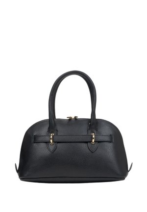 Black leather handbag with a rounded shape, dual top handles, and gold-tone hardware. Features a textured surface and a central strap detail.