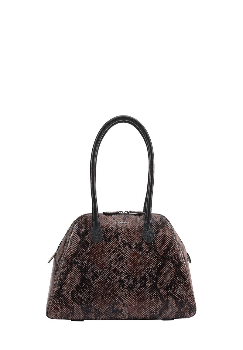 Bruine en zwarte handtas met slangenprint in een ronde vorm, zwarte leren handvatten en een ritssluiting aan de bovenkant.