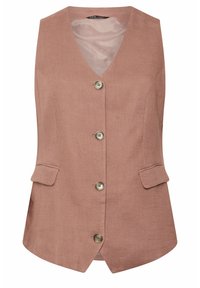 Gilet di lino rosa con scollo a V, bottoni frontali e due tasche laterali. Il tessuto ha un aspetto intrecciato e testurizzato.