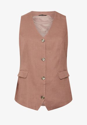 Chaleco de lino rosa con escote en V, botones frontales y dos bolsillos laterales. La tela presenta una apariencia texturizada y tejida.