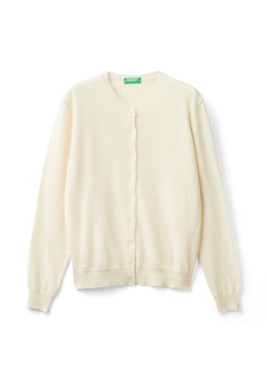 Creme-kleurige cardigan van zacht materiaal, met een ronde halslijn, knopen aan de voorkant en geribbelde manchetten en zoom.