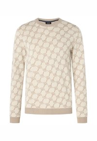 Suéter beige con un patrón texturizado y repetitivo. Presenta mangas largas y un cuello redondo. Puños y dobladillo acanalados. Material de punto suave.