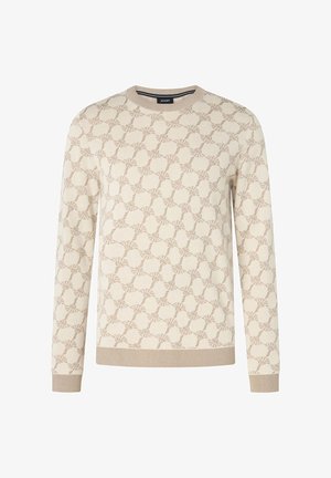 Maglione beige con motivo testurizzato e ripetitivo. Presenta maniche lunghe e scollo rotondo. Polsini e orlo a coste. Morbido materiale a maglia.