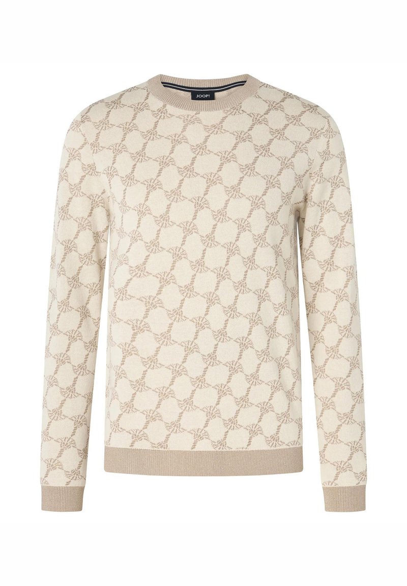 Suéter beige con un patrón texturizado y repetitivo. Presenta mangas largas y un cuello redondo. Puños y dobladillo acanalados. Material de punto suave.