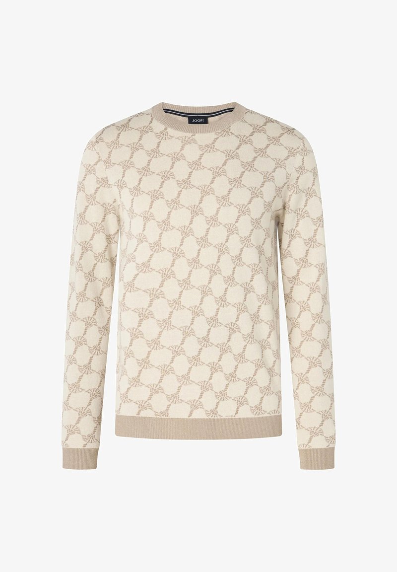 Suéter beige con un patrón texturizado y repetitivo. Presenta mangas largas y un cuello redondo. Puños y dobladillo acanalados. Material de punto suave.