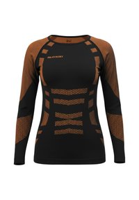 Black long-sleeve thermal shirt with orange accents, featuring textured patterns and a fitted design. Logo "POLAR HUSKY" displayed on the chest.