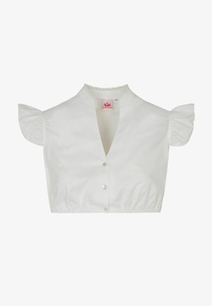 Blouse blanche courte avec des manches courtes bouffantes, fermeture à boutons et taille froncée. Présente un délicat bord en dentelle autour de l'encolure.