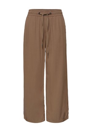 Locker sitzende braune Hose mit weitem Bein, elastischem Bund und verstellbarem Kordelzug, geeignet für Freizeitkleidung.