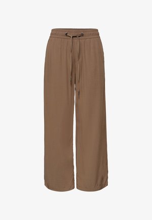 Pantalones marrones de pierna ancha y ajuste holgado con cintura elástica y cierre de cordón ajustable, adecuados para uso informal.