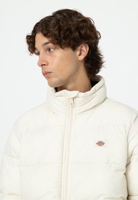 Chaqueta acolchada de color beige claro con cuello alto, cierre frontal de cremallera y un pequeño parche de logo en el lado izquierdo del pecho. Textura suave, diseño acolchado.