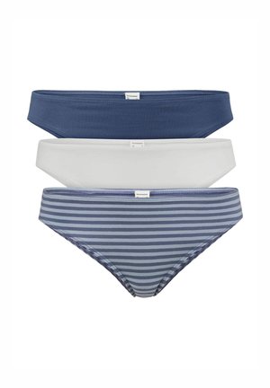 Pack van drie damesonderbroeken: donkerblauw, wit en lichtblauw met horizontale strepen. Zachte stof, elastische taillebanden, eenvoudig ontwerp met labels.
