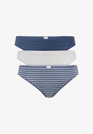 Dreierpack Damenunterhosen: dunkelblau, weiß und hellblau mit horizontalen Streifen. Weicher Stoff, elastische Bund, schlichtes Design mit Etiketten.
