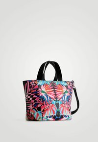 Sac fourre-tout coloré avec un motif de feuilles tropicales en rose, bleu et vert. Fabriqué en tissu avec des accents noirs et deux poignées courtes.