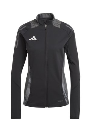 Zwarte sportjack met grijze accenten, ritssluiting, gestructureerde panelen en zijzakken. Gemaakt van rekbare, vochtregulerende stof.