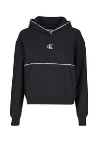Schwarzer Hoodie aus Baumwollmischung, mit einer weißen Kordel, Logo auf der Brust und einer Kängurutasche sowie gerippten Bündchen und Saum.