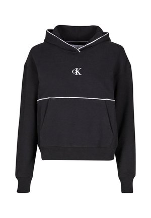 Čierna mikina s kapucňou vyrobená z bavlneného zmesi, s bielou šnúrkou, logom na hrudi a klokankovou kapsou, s rebrovanými manžetami a spodným lemom.