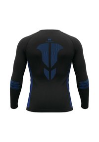 Langärmeliges Sportshirt in Schwarz mit blauen Akzenten. Verfügt über ein mesh-ähnliches Design auf der Rückseite und sportliche gestreifte Details an den Ärmeln.