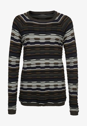 Sweter z długim rękawem o fakturowanej powierzchni, z poziomymi paskami w odcieniach zieleni, brązu i szarości. Prążkowany dekolt i mankiety.