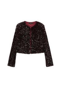 Giacca corta bordeaux ricoperta di paillettes, con maniche lunghe e scollatura rotonda, dotata di una morbida fodera interna e chiusura frontale con zip.