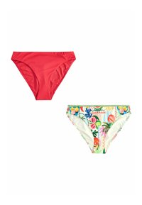 Twee zwem bikini broekjes: een effen rode en een gestreepte met kleurrijke vruchten en tropische bladeren op een lichte achtergrond.