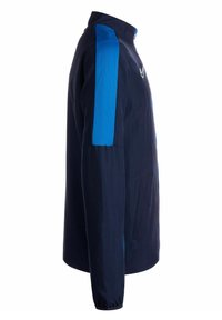 Marineblaues Jackett mit blauen Mesh-Akzenten, Stehkragen, Reißverschluss und seitlichen Taschen, ausgestattet mit einem eleganten, leichten Design.