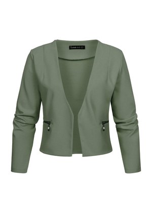 Zelený, krátký blazer vyrobený z hladké tkaniny, s hlubokým výstřihem do V, dlouhými rukávy a dvěma zipovými předními kapsami.