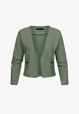 Groene, cropped blazer van gladde stof, met een diepe V-hals, lange mouwen en twee ritszakken aan de voorkant.