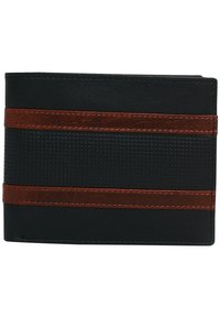 Black leather wallet with brown accents and textured horizontal stripes; features a compact bi-fold design and detailed stitching.