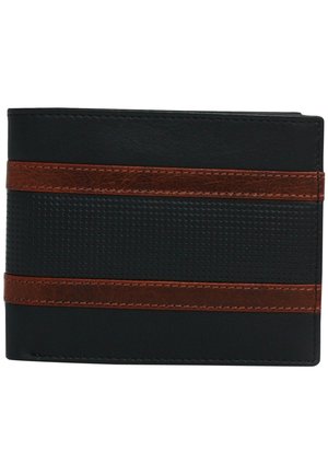 Black leather wallet with brown accents and textured horizontal stripes; features a compact bi-fold design and detailed stitching.