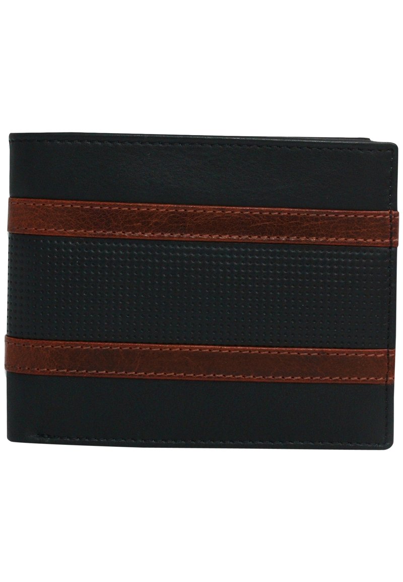 Black leather wallet with brown accents and textured horizontal stripes; features a compact bi-fold design and detailed stitching.