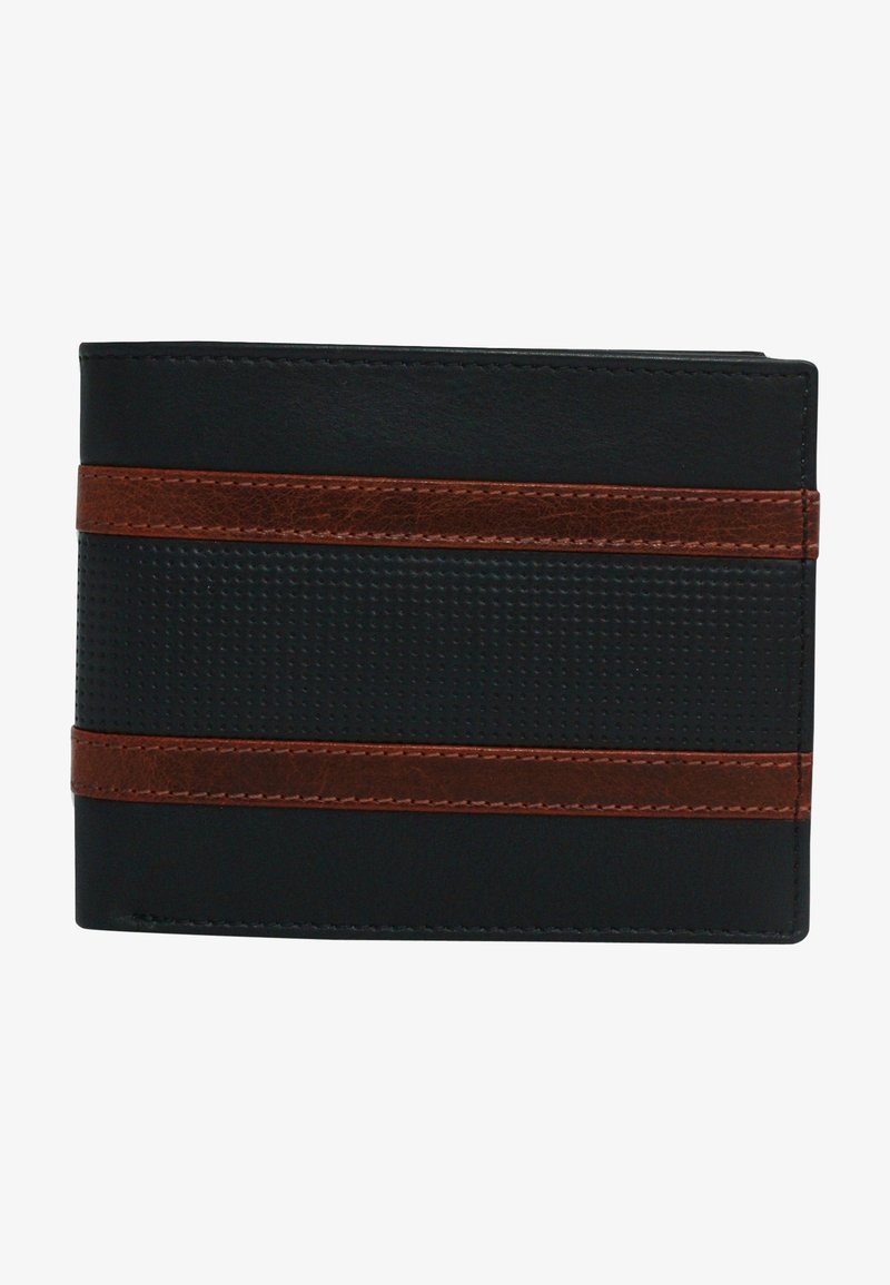 Portefeuille en cuir noir avec des accents marron et des rayures horizontales texturées ; présente un design bi-fold compact et une couture détaillée.