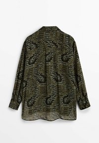 Green patterned blouse featuring a swan design, long sleeves, buttoned cuffs, and a relaxed fit with a collar and back pleat.