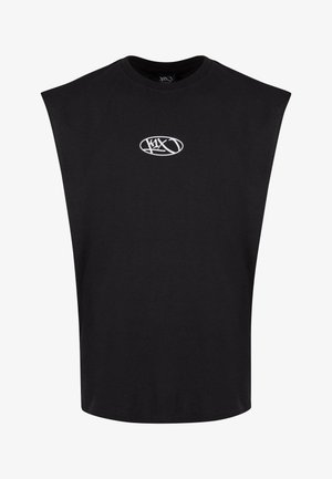 Juoda be rankovių marškinėliai iš medvilnės, su apvalia iškirpte ir balta ovalia logotipu, spausdintu priekyje, paprastas dizainas.