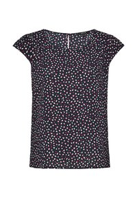 Blusa a maniche corte di colore blu scuro con un motivo di pois rosa e bianchi distribuiti in modo casuale, dotata di scollatura rotonda e chiusura a chiave sul retro.