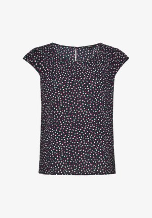 Blusa a maniche corte di colore blu scuro con un motivo di pois rosa e bianchi distribuiti in modo casuale, dotata di scollatura rotonda e chiusura a chiave sul retro.