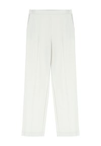 Pantaloni bianchi a gamba larga con vita elastica, tasche laterali e una superficie liscia. Presentano cuciture pulite e un design minimalista.