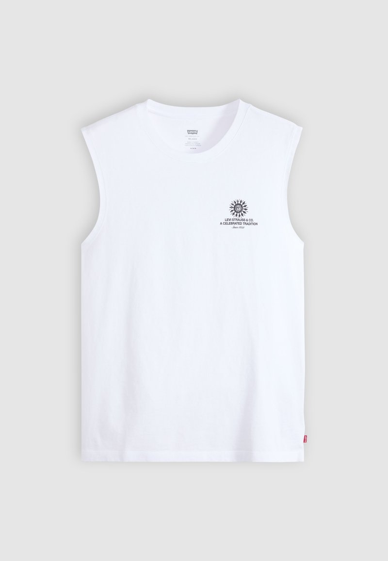 Witte mouwloze T-shirt met kleine zwarte zongrafiek en Levi Strauss & Co. tekst op de bovenste linkerborst.