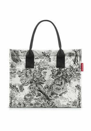 Black and white tote bag featuring a tree pattern on a light background; durable material, two black handles, rectangular shape.