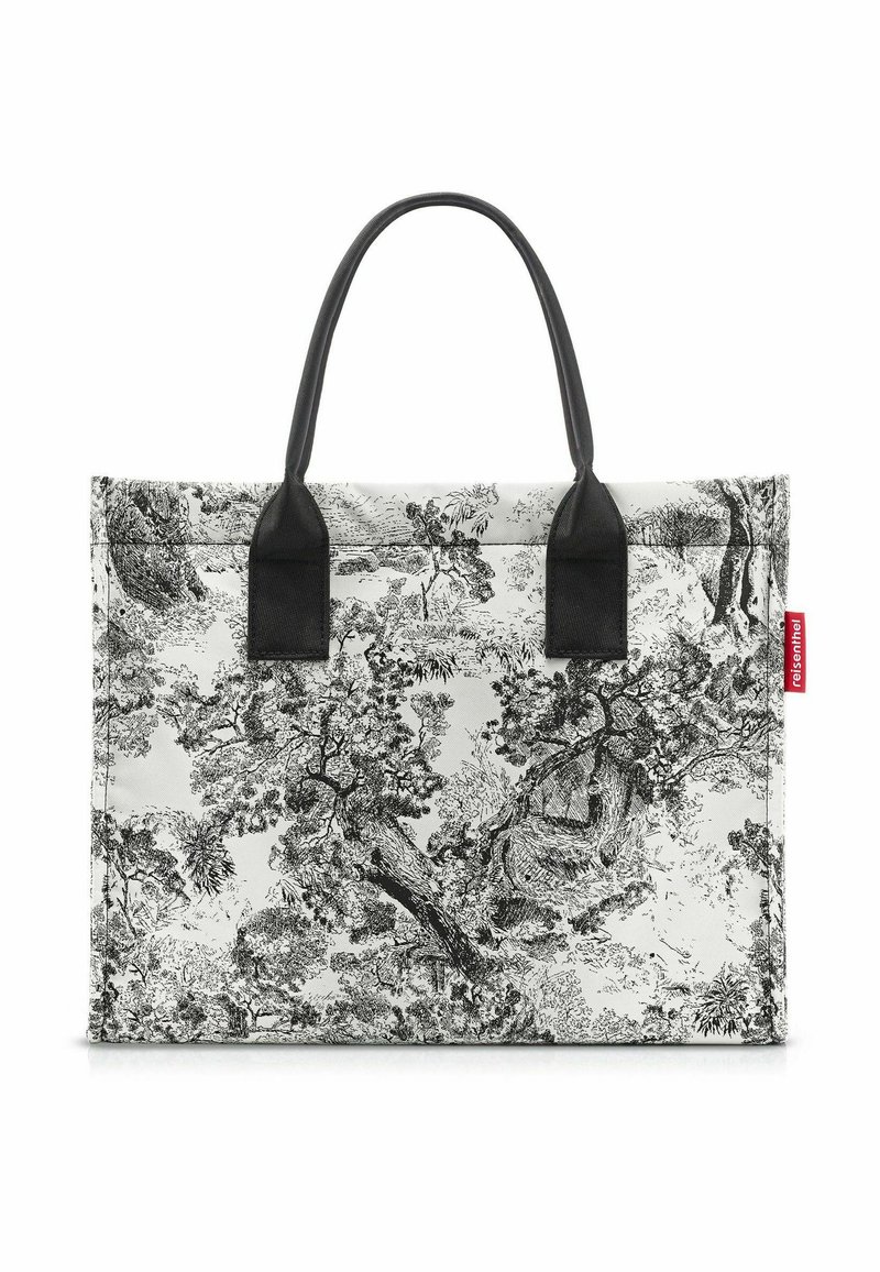 Schwarz-weiße Tragetasche mit Baum-Muster auf hellem Hintergrund; aus strapazierfähigem Material, zwei schwarze Griffe, rechteckige Form.
