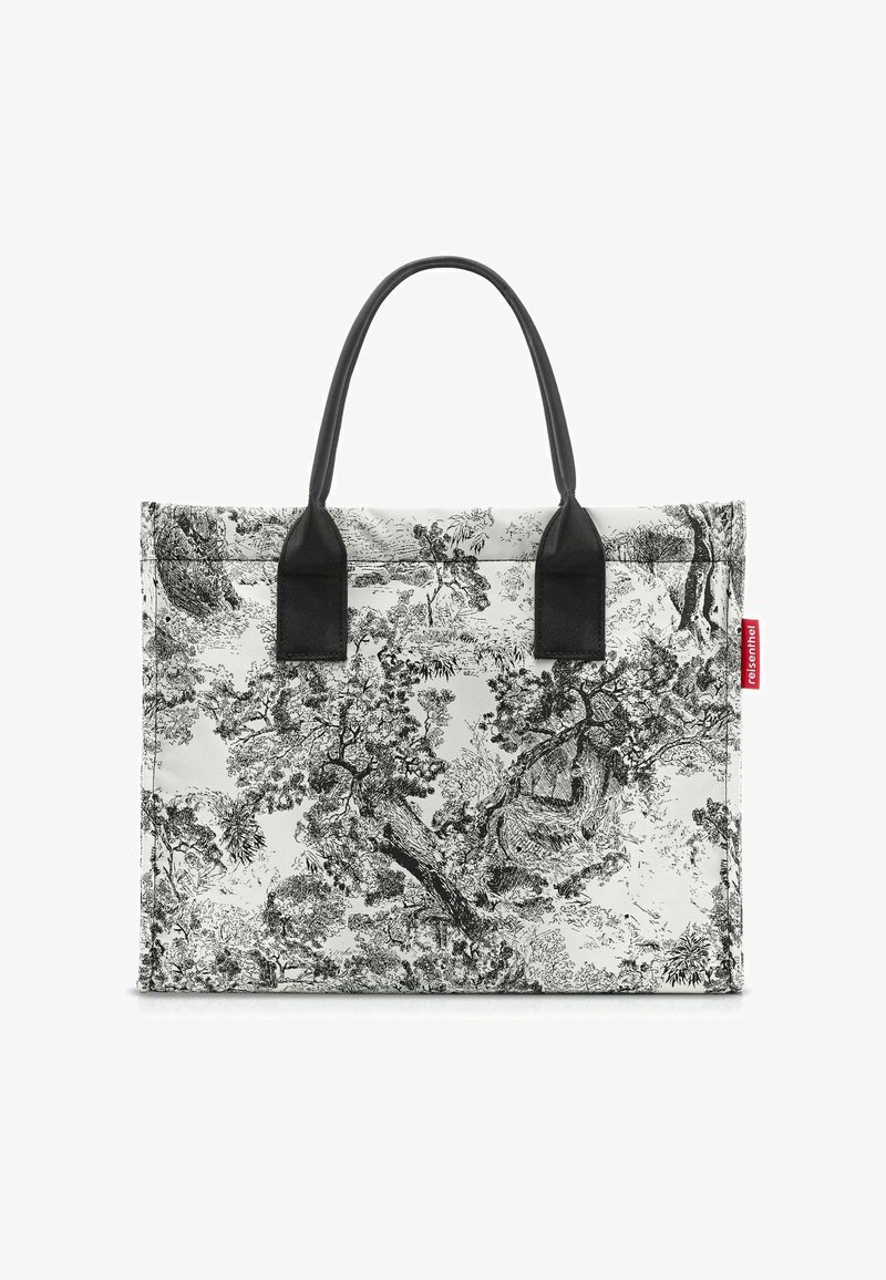 Schwarz-weiße Tragetasche mit Baum-Muster auf hellem Hintergrund; aus strapazierfähigem Material, zwei schwarze Griffe, rechteckige Form.