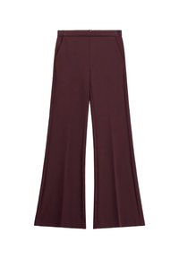 Pantaloni a palazzo bordeaux con una texture liscia, dotati di due tasche laterali e una zip nascosta sul retro. Design leggero e sartoriale.