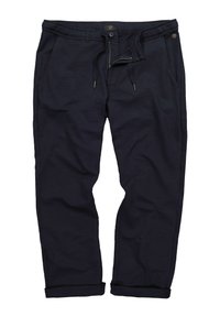Navy blue trousers made of lightweight fabric, featuring an elastic waistband, drawstring, two side pockets, and rolled hems.