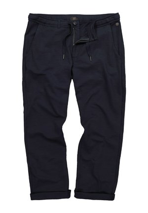 Pantalones azul marino fabricados con tejido ligero, que cuentan con una cintura elástica, cordón de ajuste, dos bolsillos laterales y dobladillos enrollados.