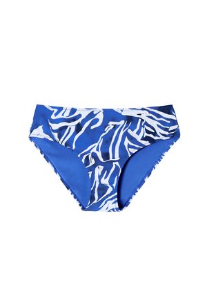 Blue bikini bottom featuring a contrasting white abstract pattern. Made of smooth fabric with a semi-matte finish and side seams.