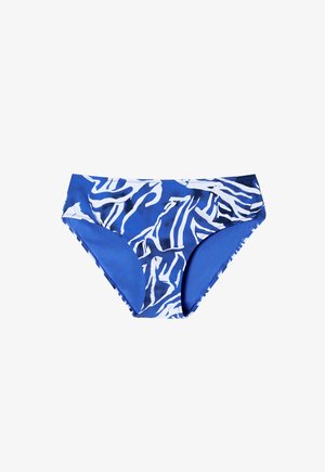 Kék bikini alsó, kontrasztos fehér absztrakt mintával. Simaságával és félfényes felületével, valamint oldalsó varrásaival készült.