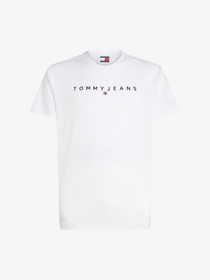 White cotton T-shirt featuring "TOMMY JEANS" in black letters across the chest. Crew neck design. Simple, classic style. No notable patterns.