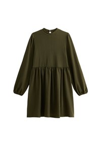 Abito verde scuro a maniche lunghe con colletto alto, in tessuto texturizzato e gonna svasata, caratterizzato da una vita arricciata per maggiore volume.